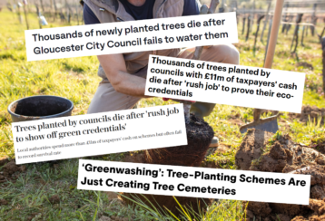 Image of someone planting trees with tree planting advice headlines featured in quotes over the picture.